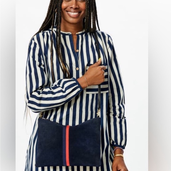 Clare V Handbags - Clare V Bretelle perforated suede crossbody in Navy Blue w a red stripe